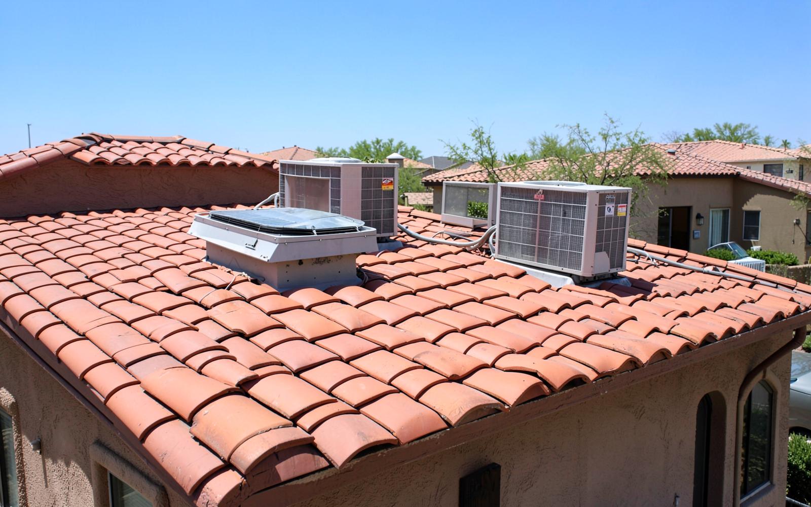 Rooftop air conditioning condenser units on a red tile roof of a stucco desert home under harsh midday sun