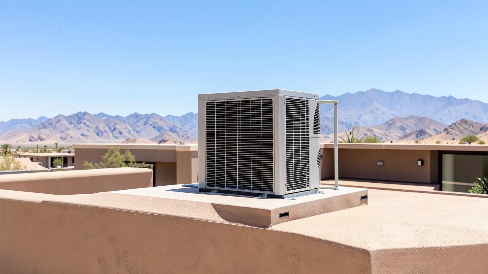 Air conditioning condenser on the flat parapet roof of a luxury desert home in bright midday sun with mountains beyond