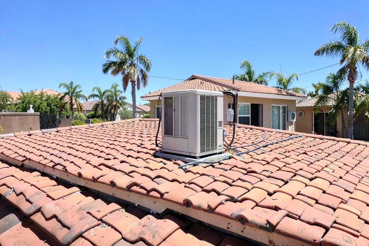 Rooftop package air conditioning unit on the tile roof of a single-storey stucco suburban home in bright midday sun