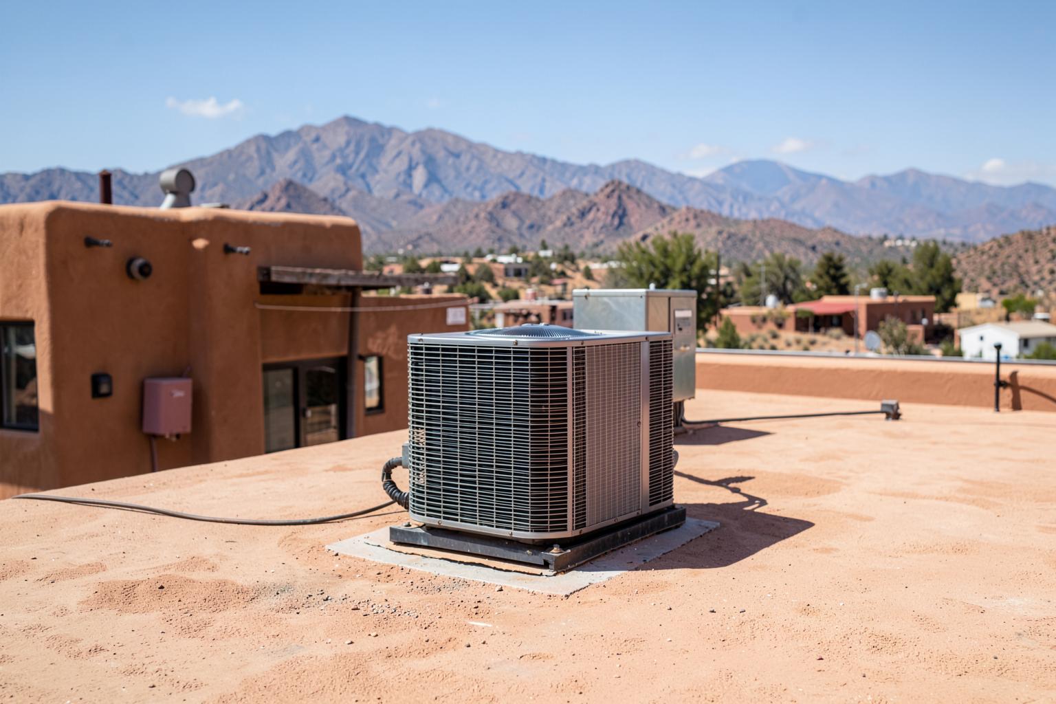 Rooftop cooling unit on a low-slope roof of an older stucco desert home in bright midday sun