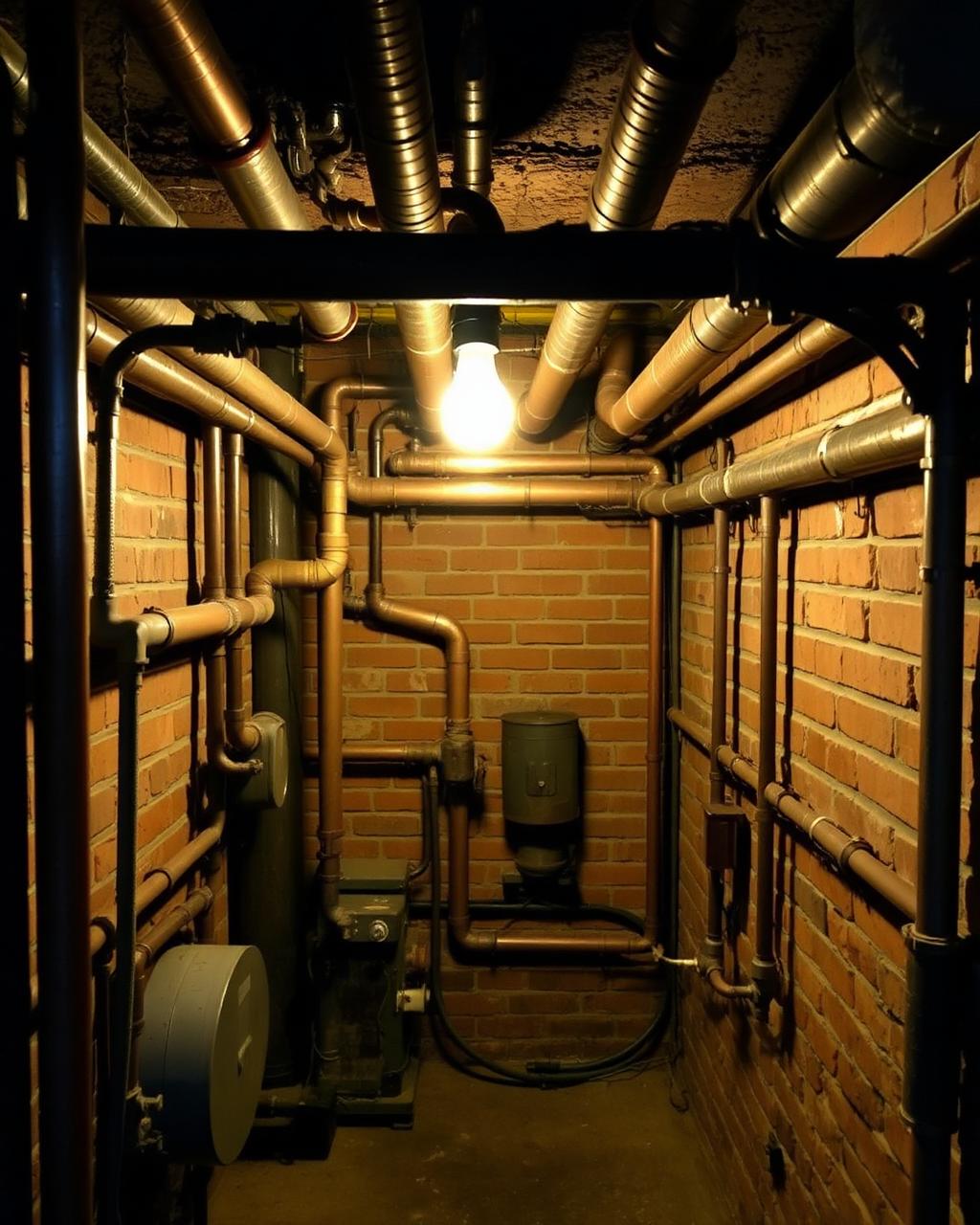 Exposed plumbing pipes running along the ceiling of a Philadelphia rowhome basement