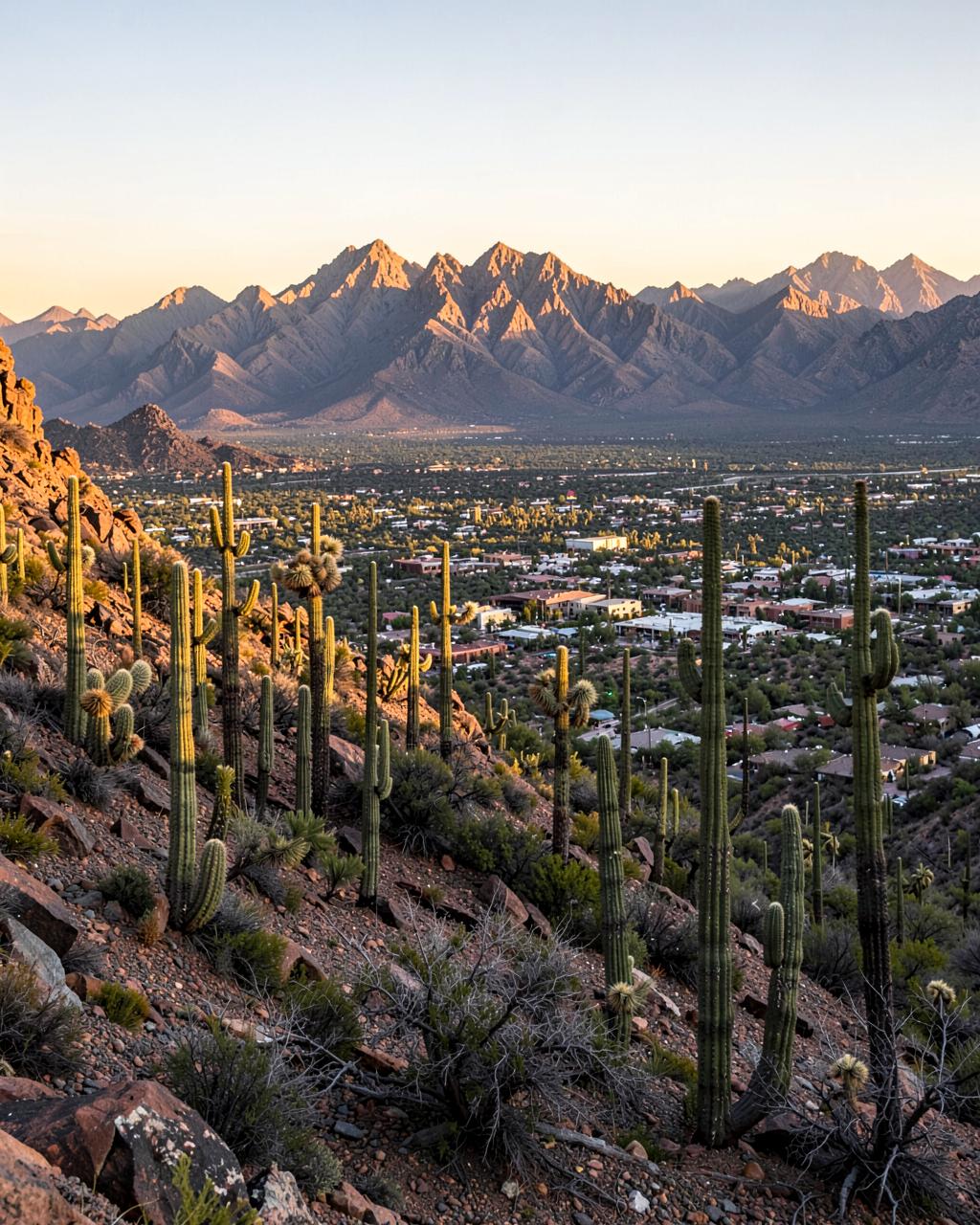 Saguaro cactus on a rocky desert ridge overlooking a wide valley at golden hour