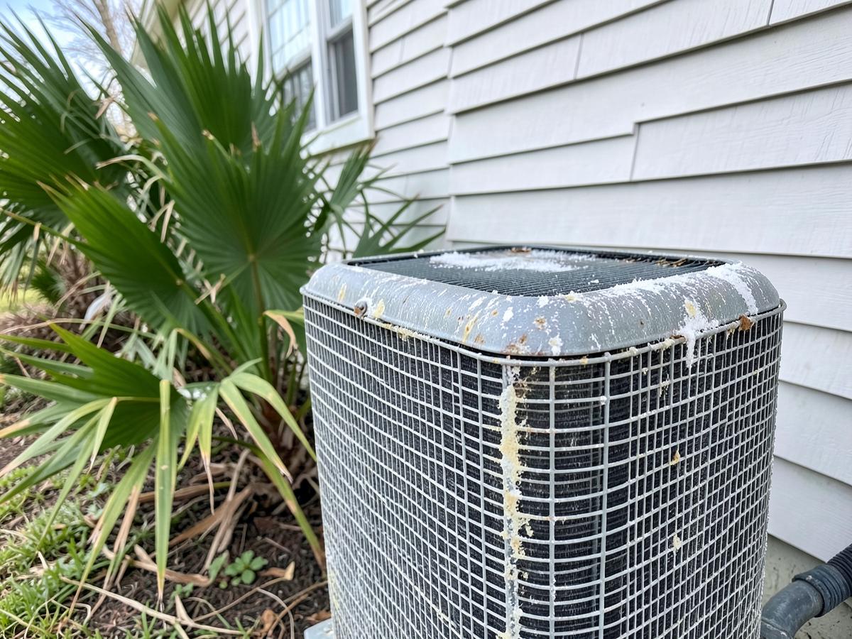 White salt corrosion and oxidation on the metal fins of an outdoor air conditioning condenser beside a clapboard wall and palmetto fronds