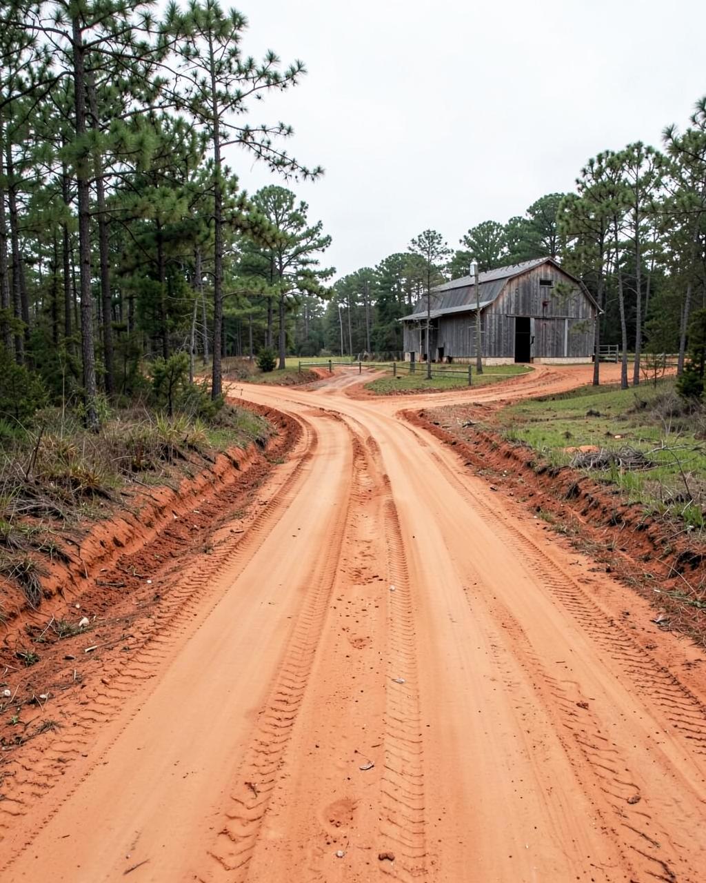 Red clay and sand farm lane rutted by tires curving through pines toward a weathered barn