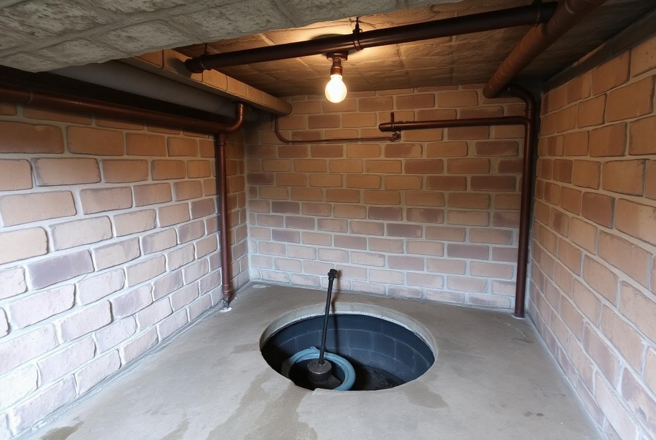 Older basement with sandstone block foundation walls, a sump pit, exposed copper pipes, and a damp concrete floor