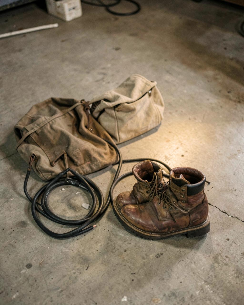 Worn leather work boots, a coiled cord and a canvas tool bag on a swept concrete shop floor