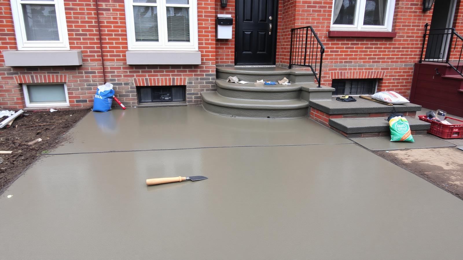 Concrete crew repairing a DOT sidewalk violation outside a Sunset Park storefront