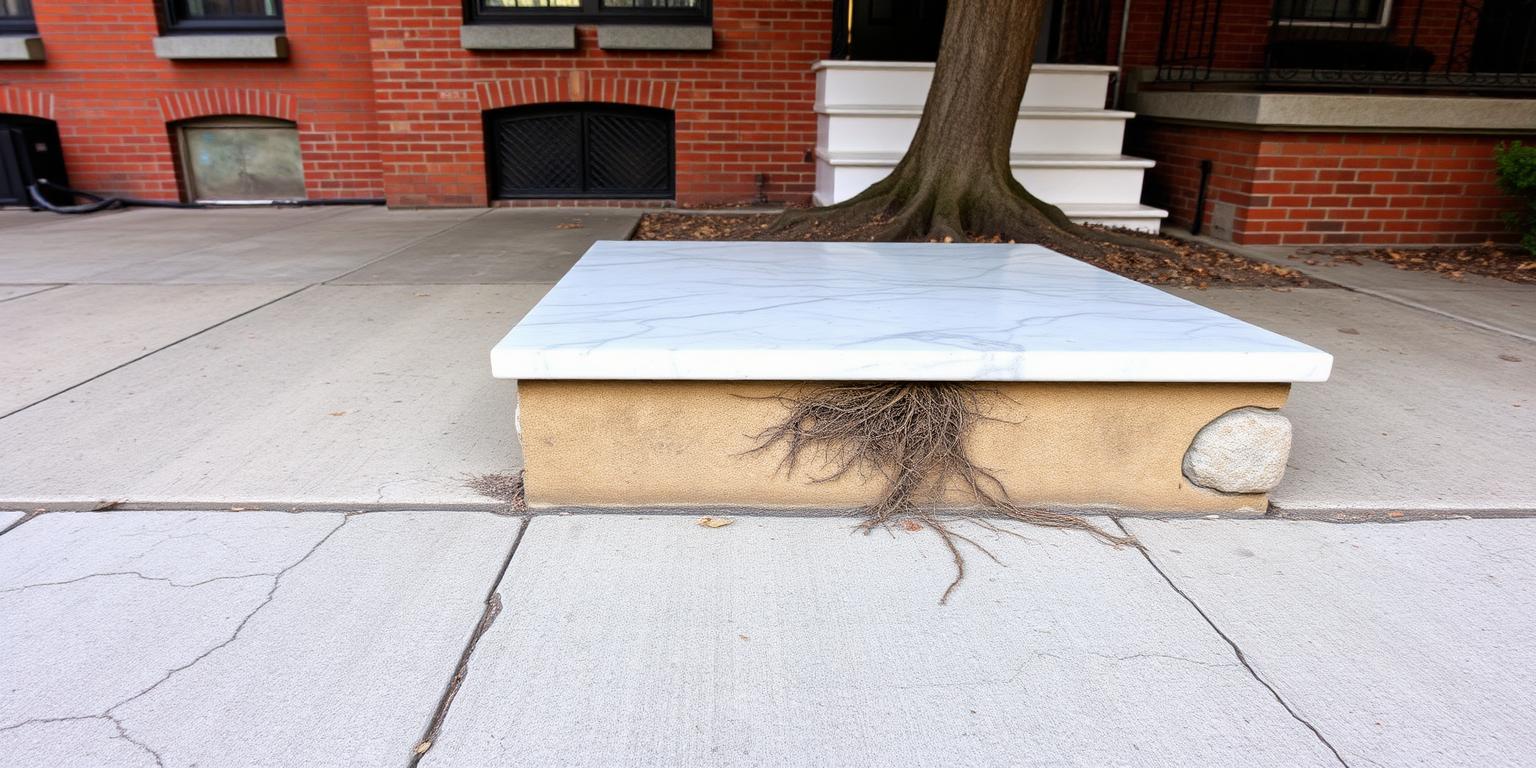 Cracked concrete sidewalk slab in front of a row of Philadelphia rowhomes