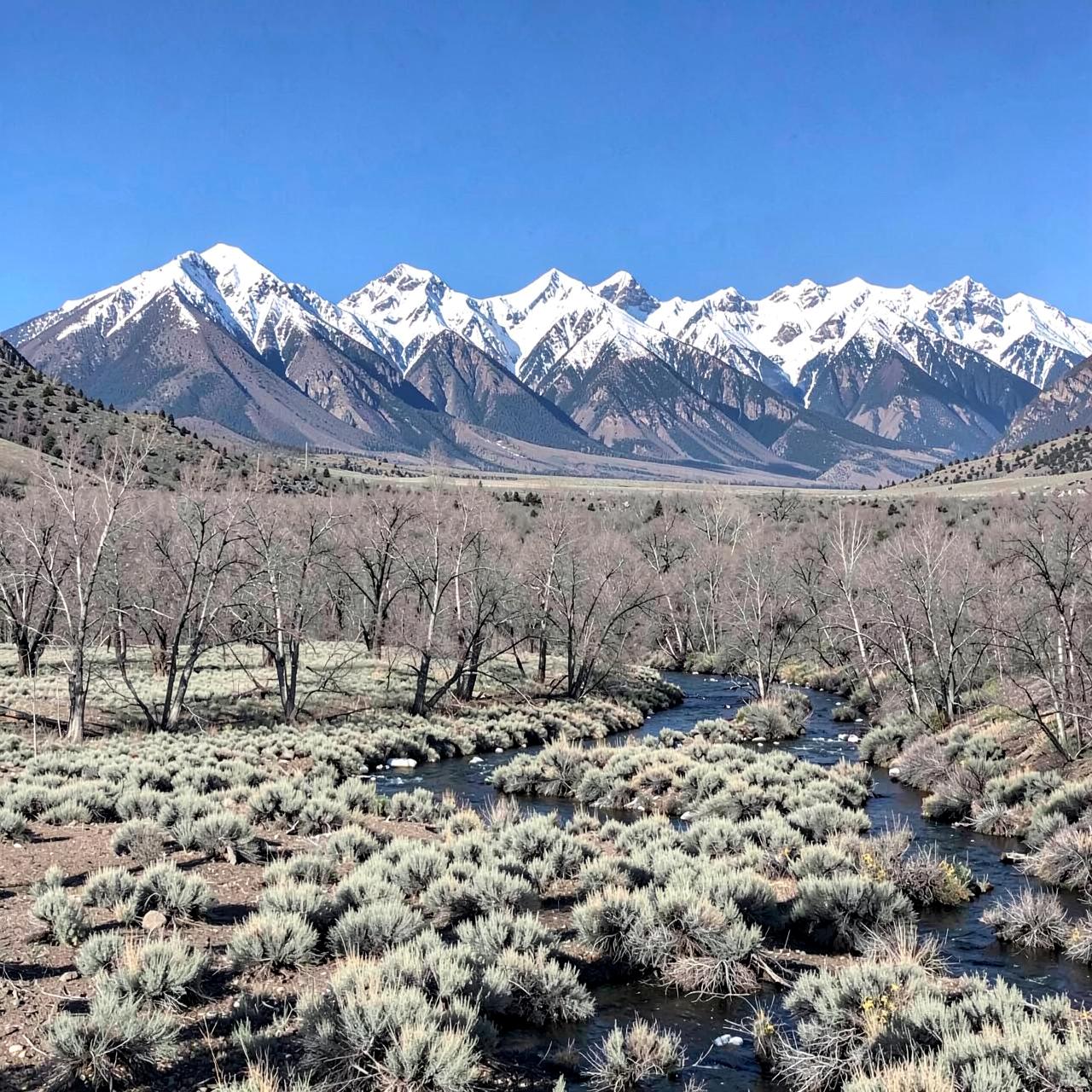 Snow-capped mountain range above a sagebrush basin with a winding river and bare winter trees