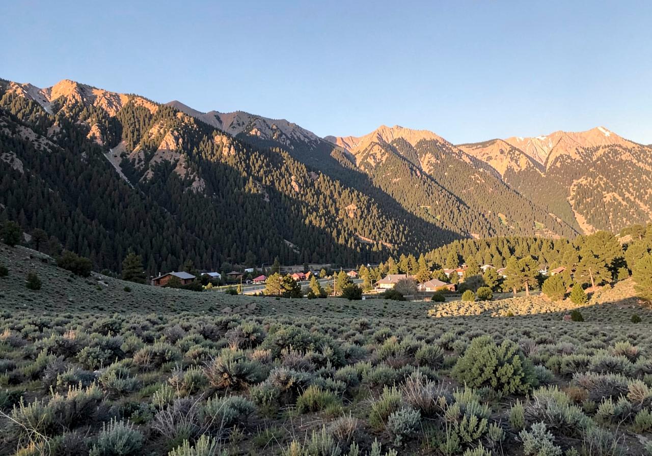 Sagebrush valley floor meeting pine-covered Sierra Nevada foothills at golden hour with scattered rooftops in the distance