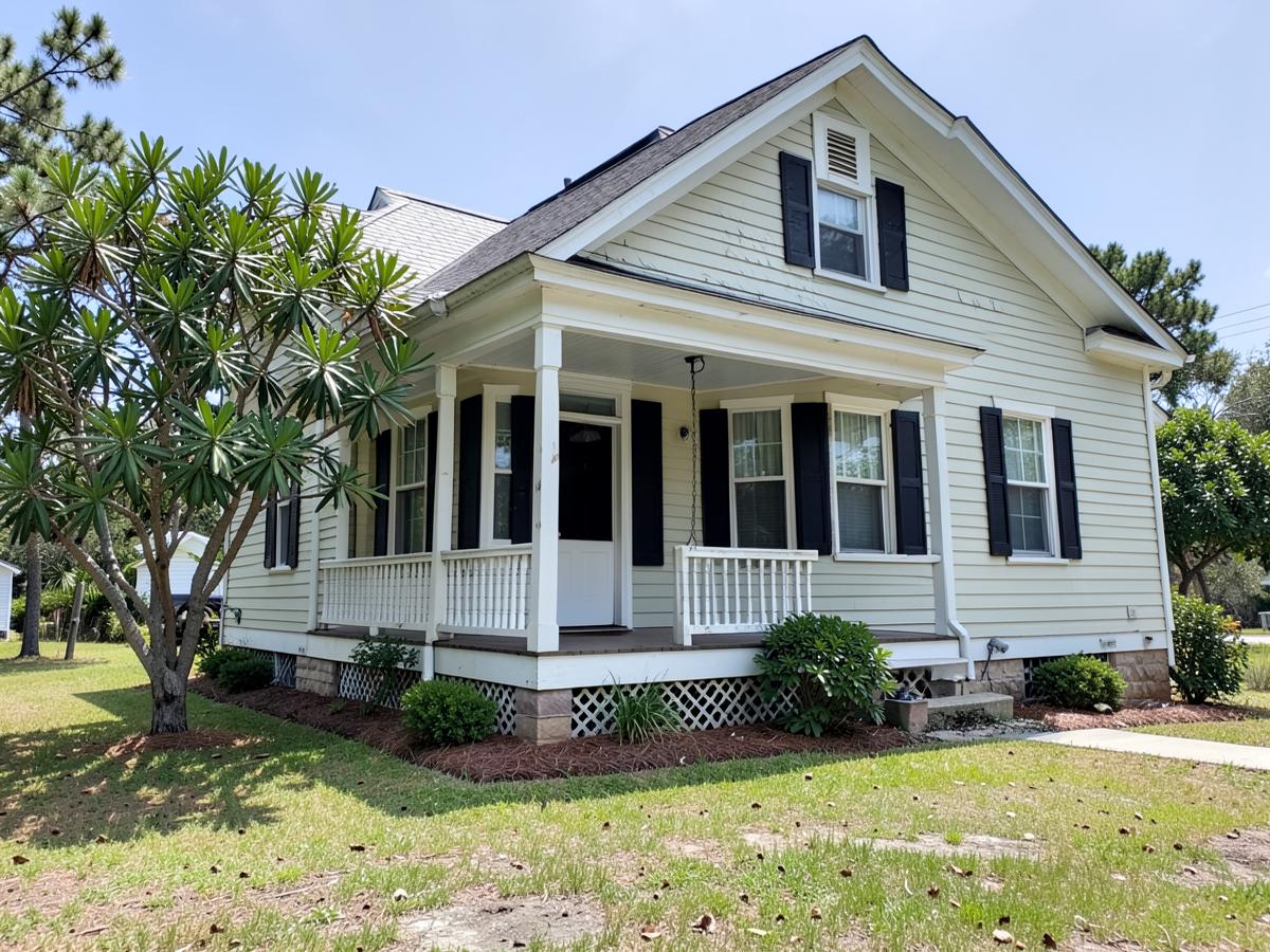 Pale clapboard Lowcountry house with black shutters, front porch and a raised lattice foundation under humid coastal sunlight