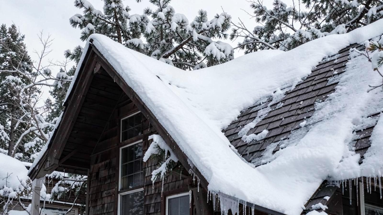 Steep shingled roof of a mountain home loaded with deep snow and icicles hanging along the eaves