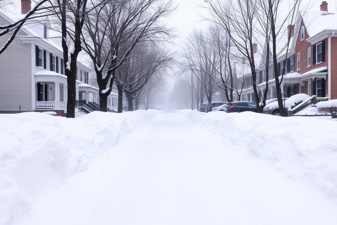 Snow-covered residential street of older colonial homes during heavy lake-effect snowfall