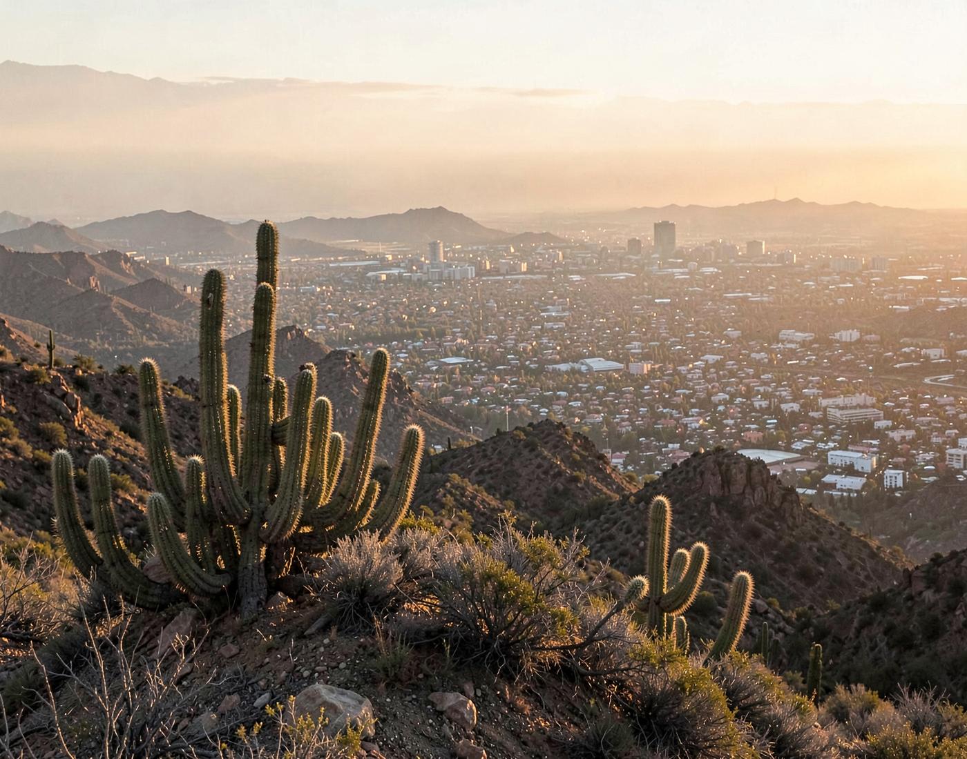 Saguaro cactus on a desert mountain ridge overlooking a hazy sprawling metropolis at golden hour