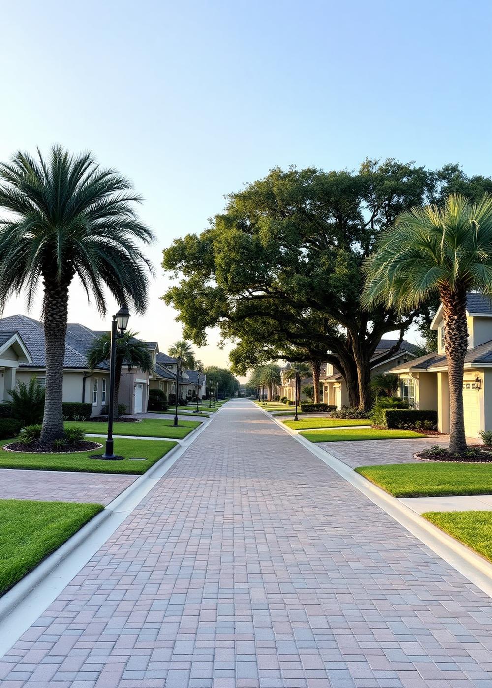 Oak canopy shading a row of bungalow driveways along a quiet South Tampa street