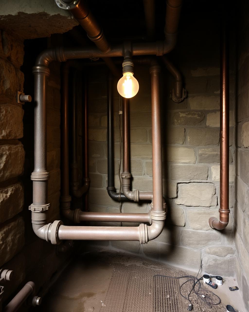 Exposed plumbing running through a stone-and-block basement foundation in a pre-1940 Scranton home
