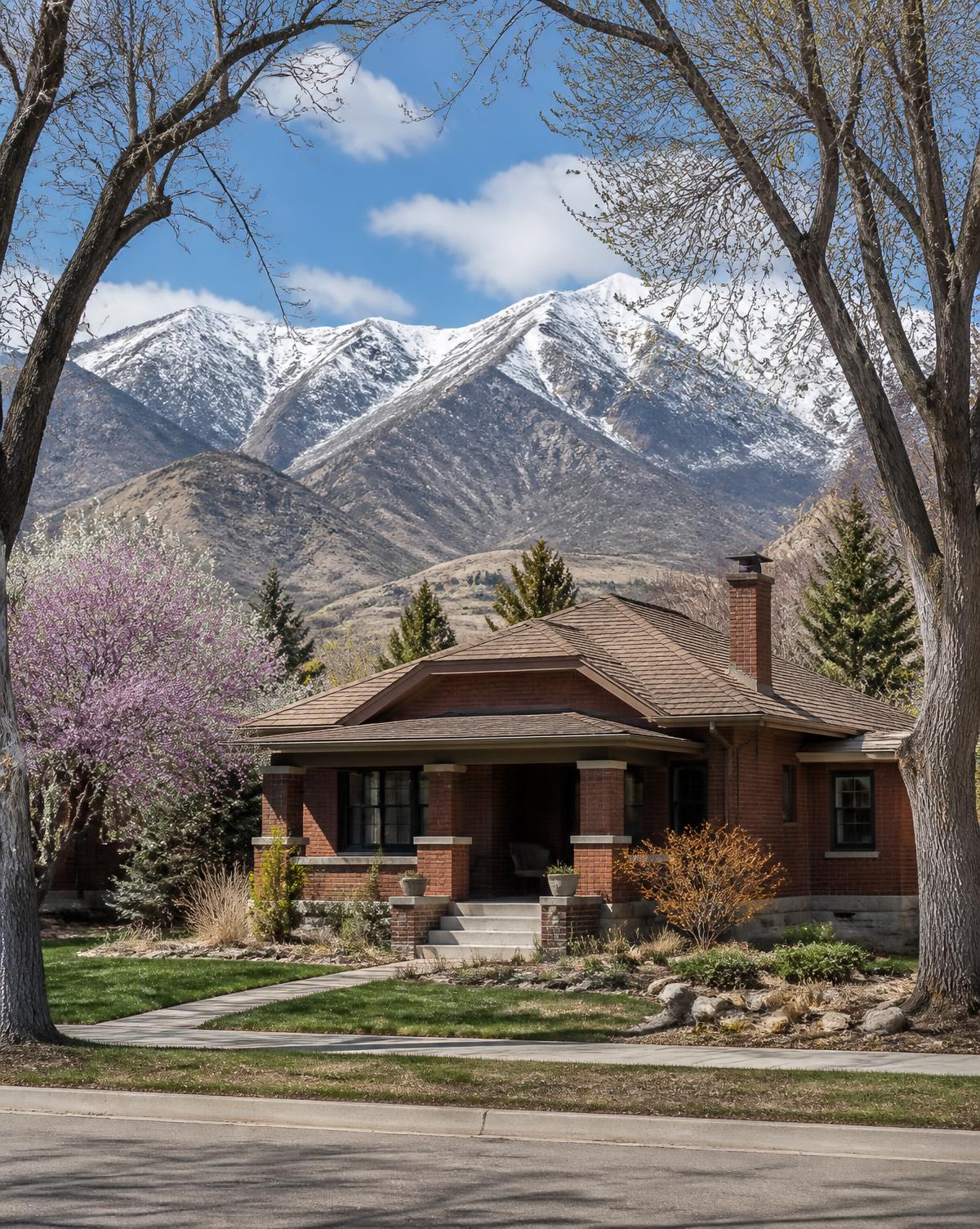 Older brick bungalow on a bench street in The Avenues neighborhood with the Wasatch Range behind it