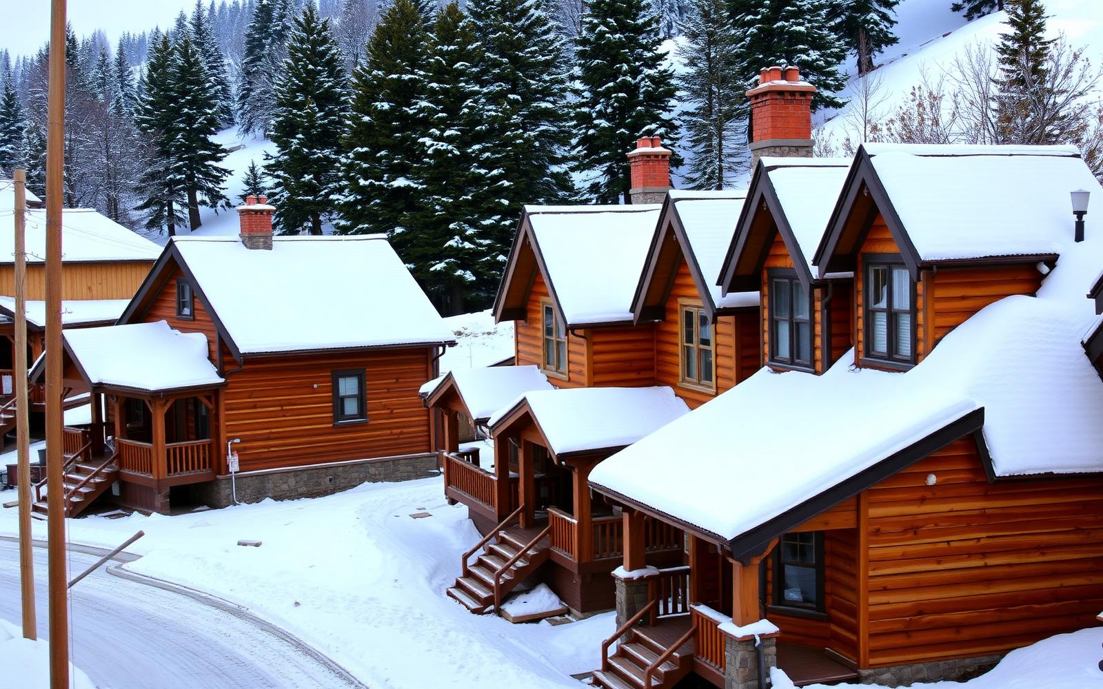 Restored Victorian miner's cottages lining a steep snowy street in a historic mountain town