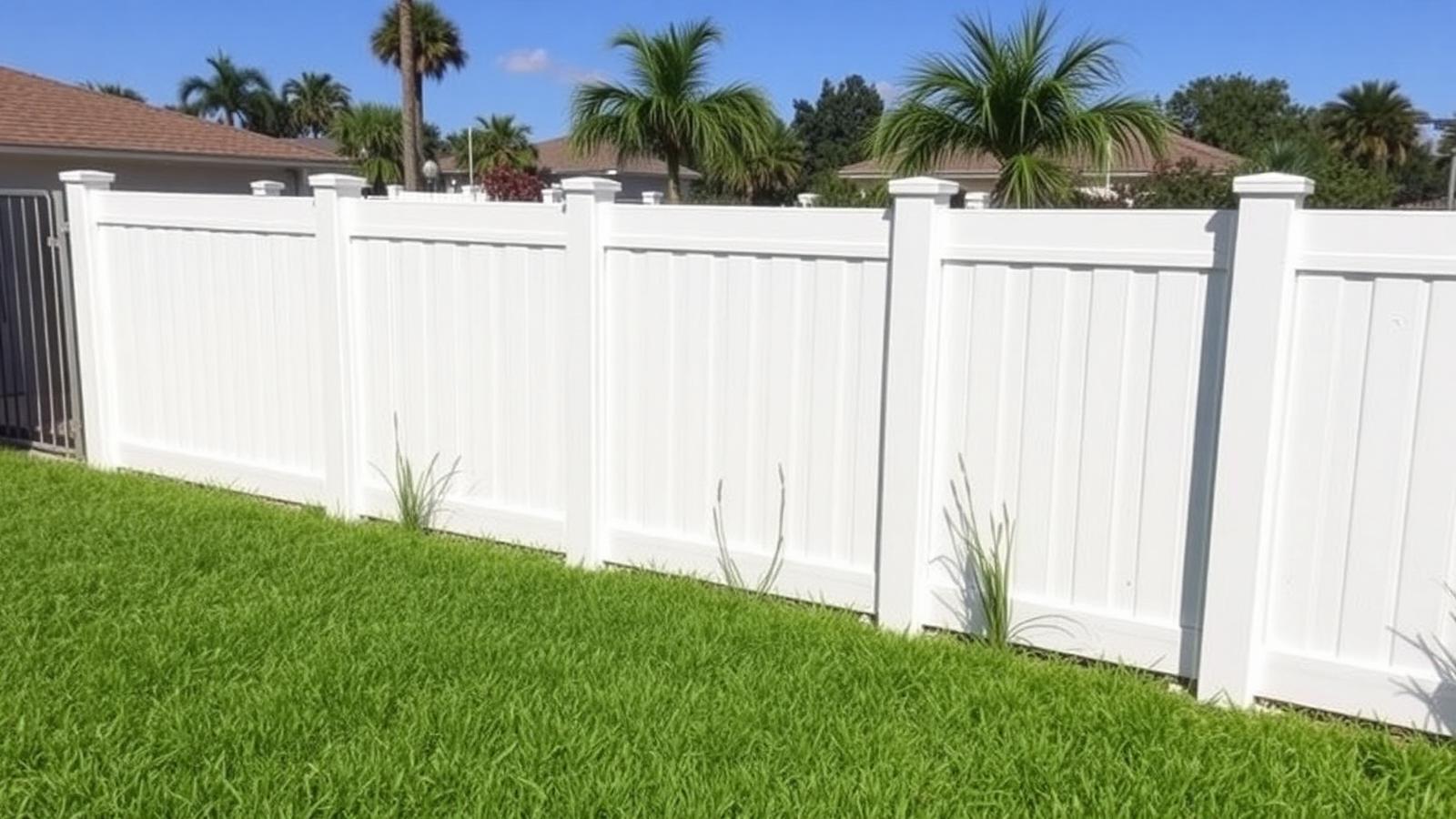 New white vinyl fence panels running the length of a Tampa backyard in late-afternoon sun