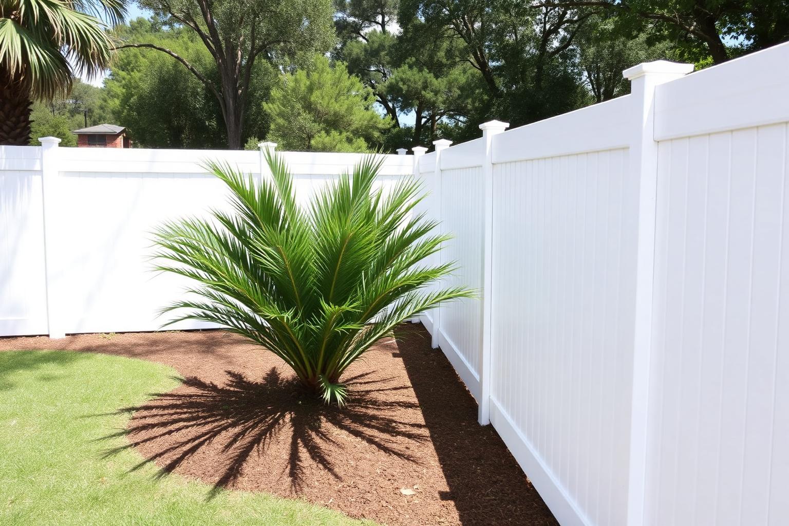 Freshly set white vinyl fence panels bordering a sod yard on a new-build Orlando lot