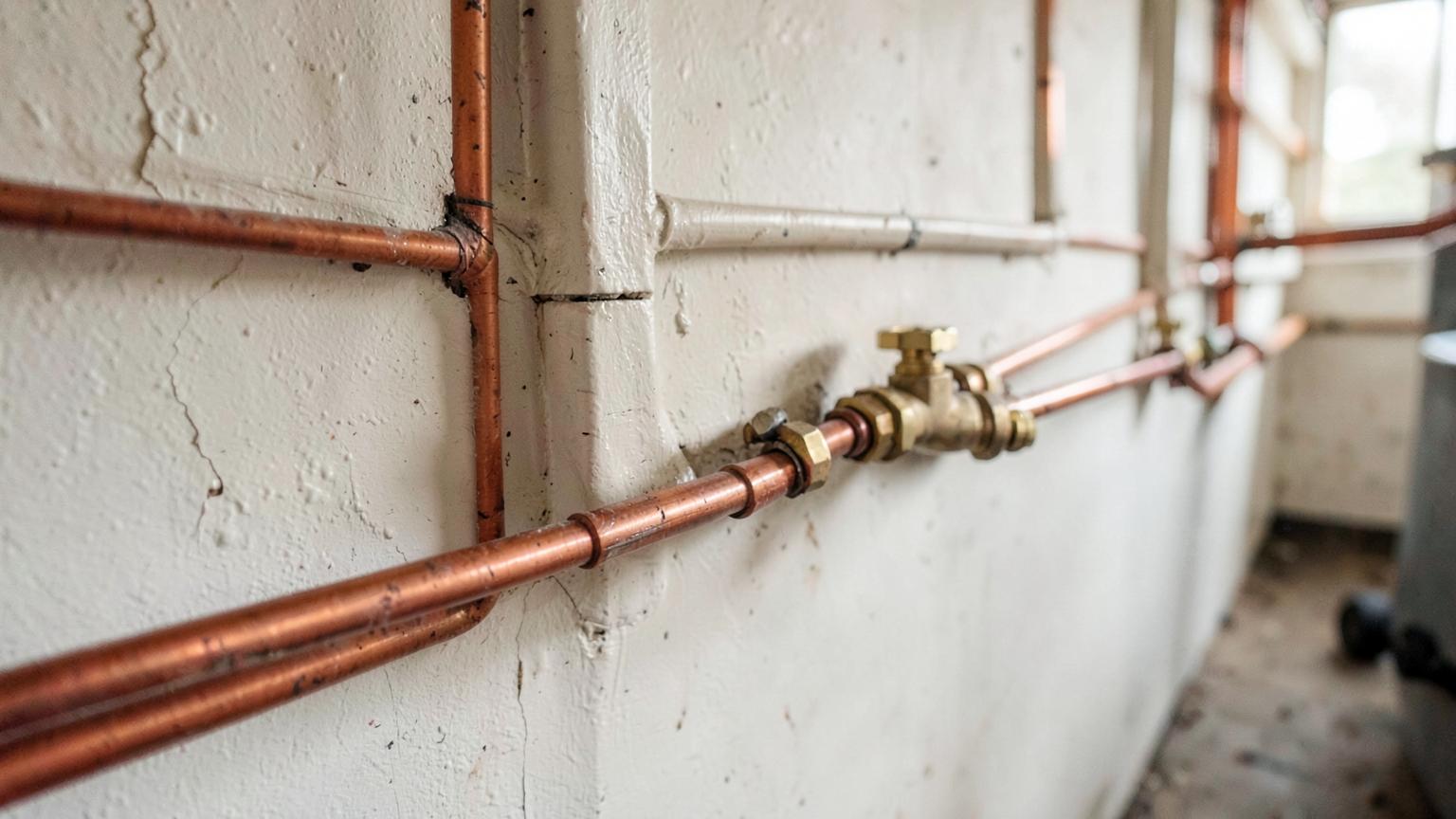 New copper water supply lines and brass shutoff valves above a residential water heater