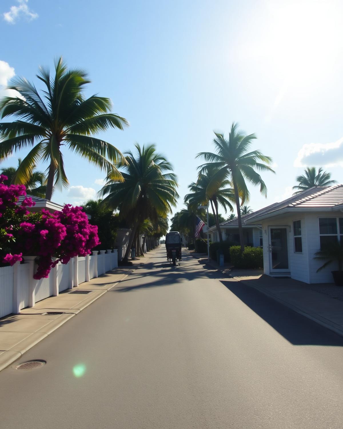 Sunlit palm-lined residential waterfront street of low white homes in Fort Lauderdale, Florida