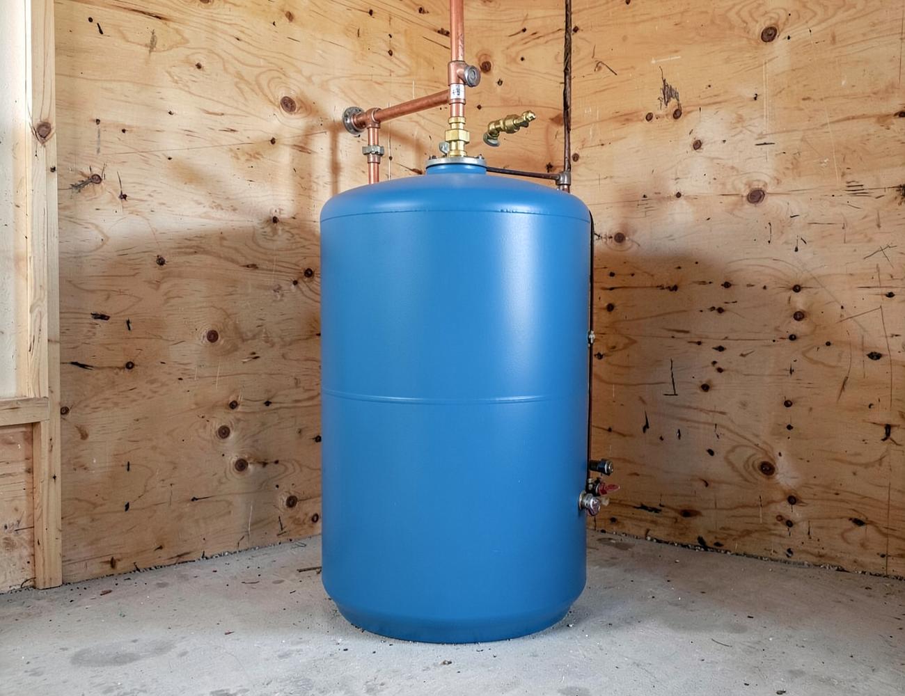Rural well water pressure tank with copper piping and valves inside a plain plywood-walled pump house