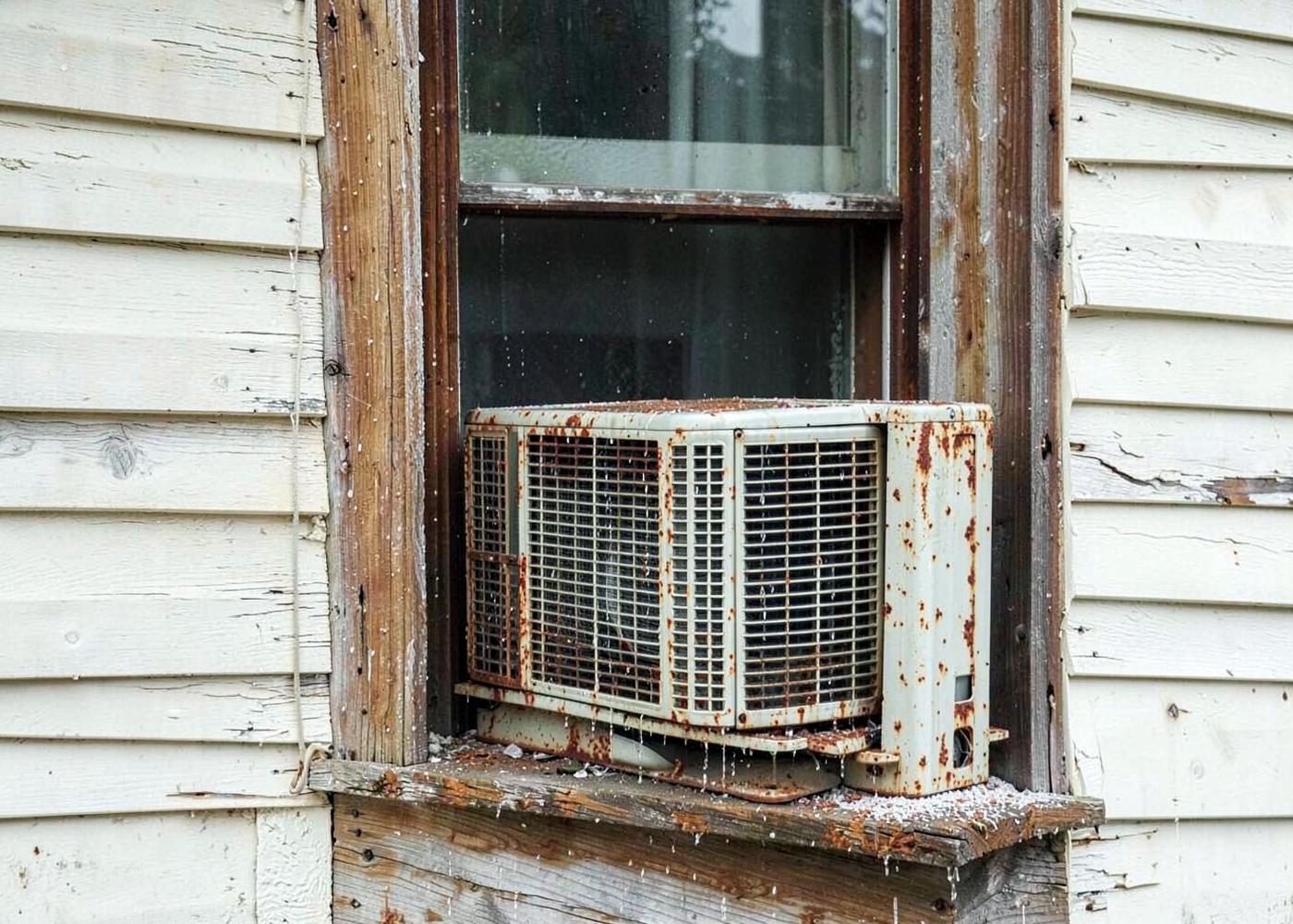 Window air conditioning unit fitted into the sash of a modest older house on a humid overgrown lot