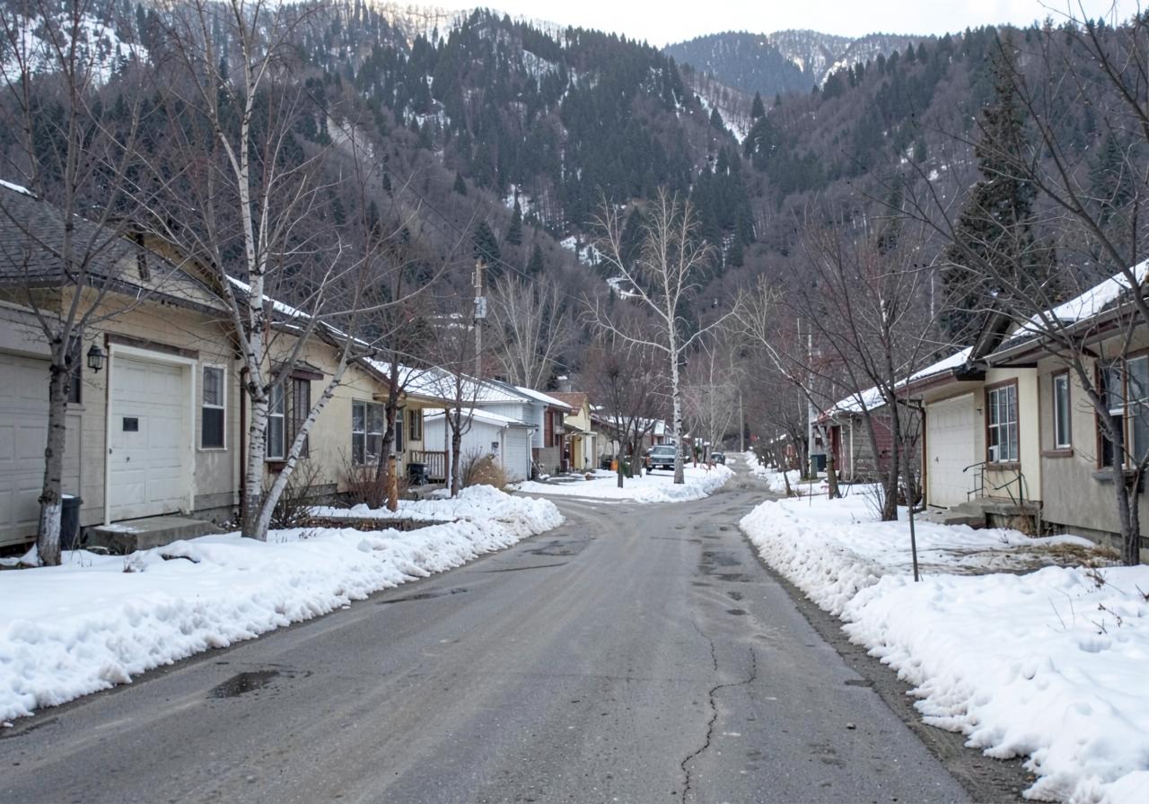 Quiet residential street of modest single-story homes after snowfall with plowed snow at the curb and forested foothills behind