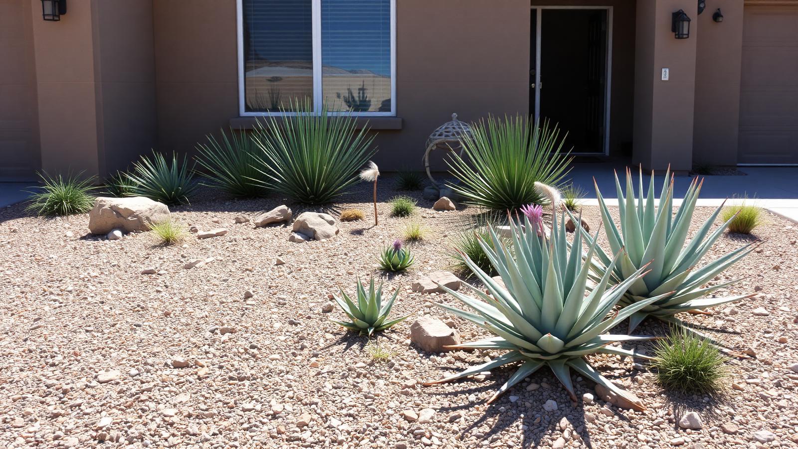 Xeriscape front yard with gravel and drip irrigation in a St. George neighborhood, red rock cliffs in the distance