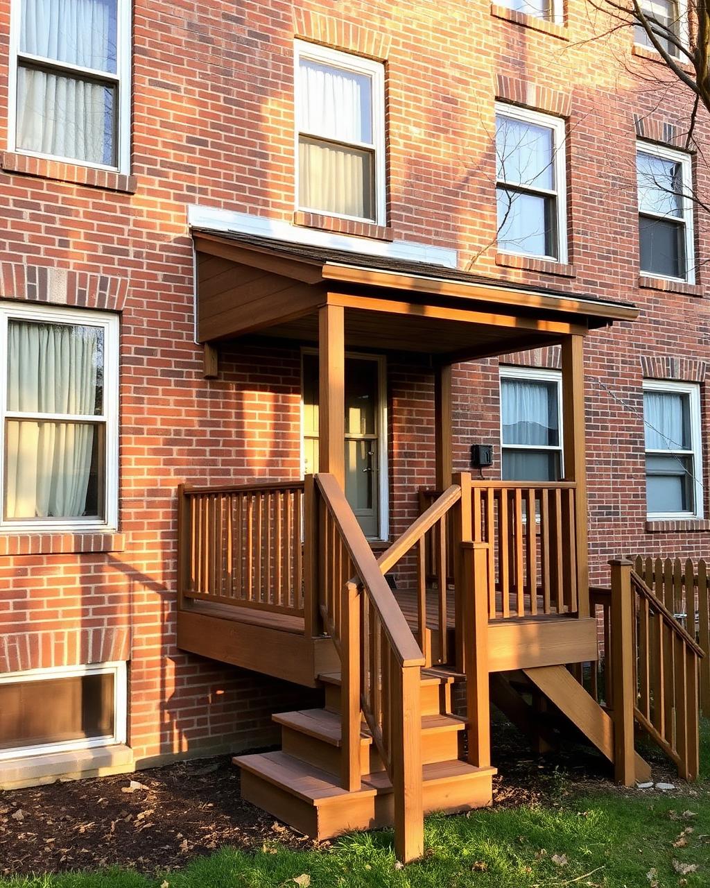 Rebuilt wooden back porch and exterior stairs on a Chicago two-flat overlooking a narrow fenced city yard
