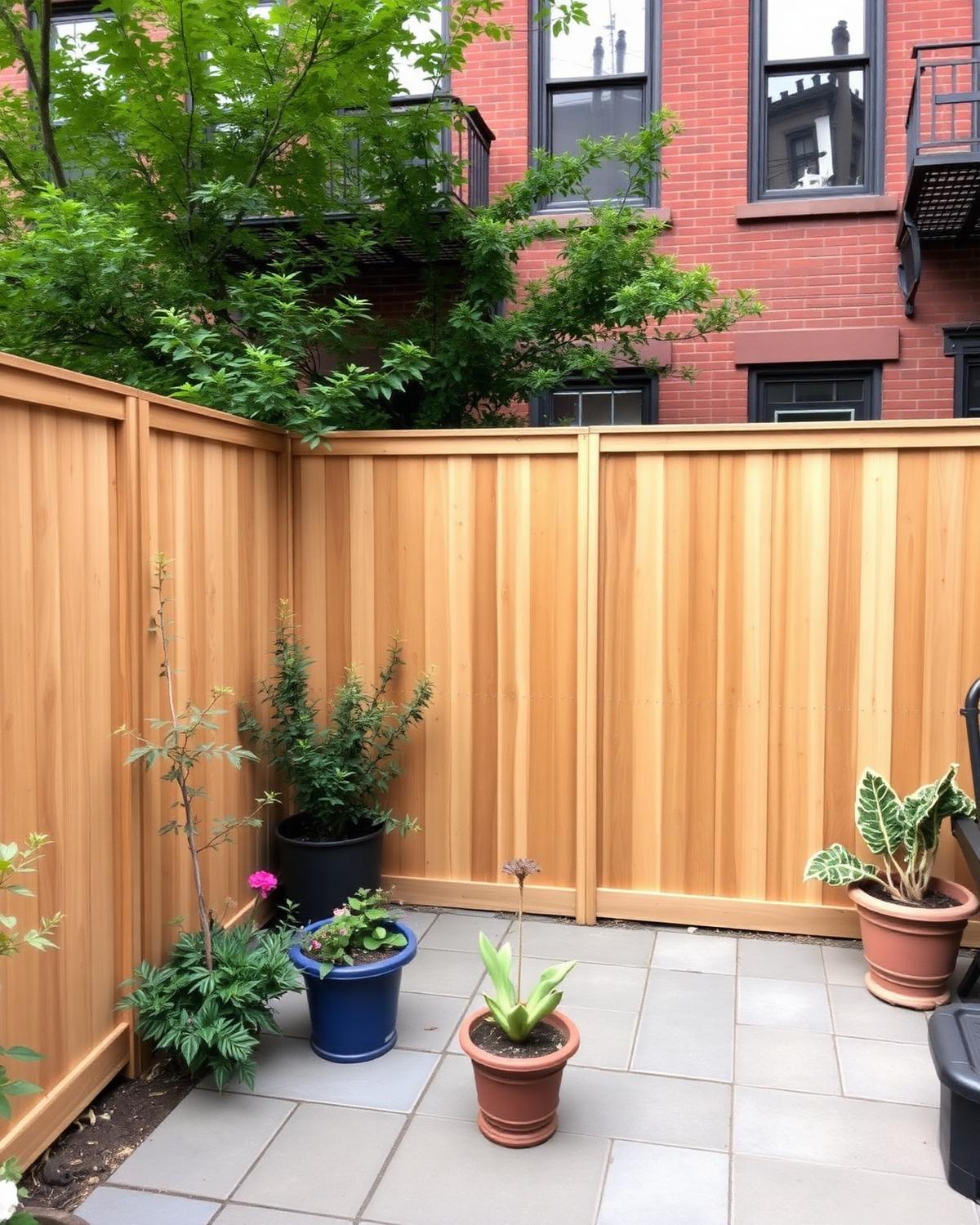 Small backyard patio between two attached brick two-family homes in Bay Ridge, Brooklyn