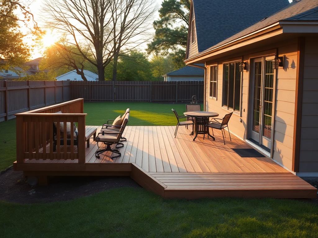 Wooden backyard deck with railing overlooking a lawn near the Rock River in Rockford