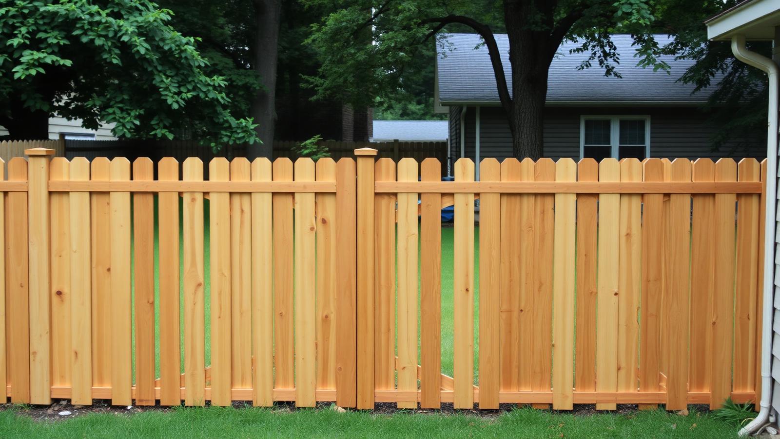New wooden fence line dividing two backyards in an older Springfield neighborhood with mature trees overhead