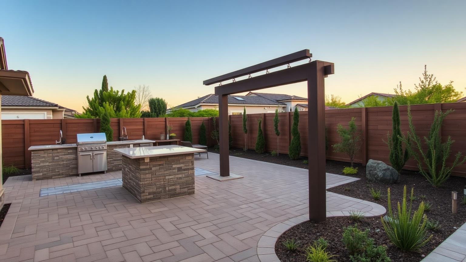 Paver patio and outdoor kitchen installed in an Almaden Valley San Jose backyard