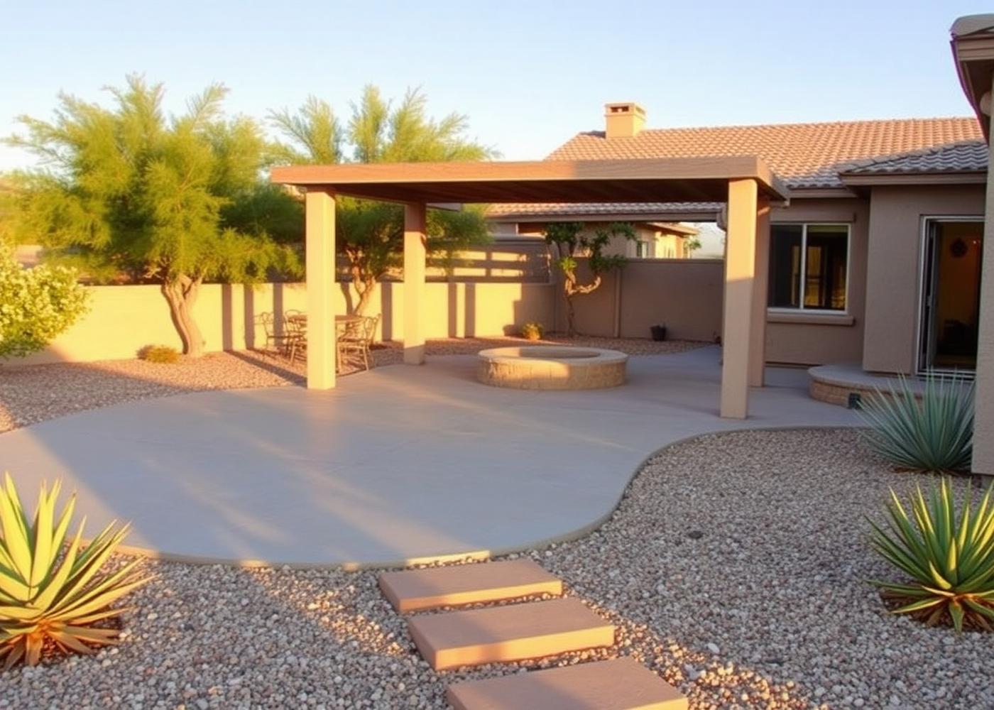 Covered backyard patio with shade structure behind a Horizon City area home at dusk