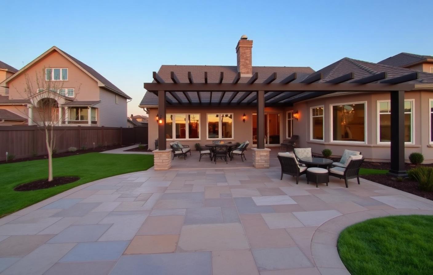 Paver patio with outdoor seating overlooking a large well-maintained backyard lawn