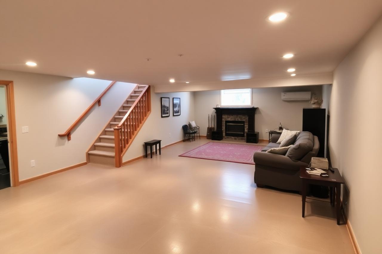 Finished basement in a Pine Hills two-family home with new flooring and lighting