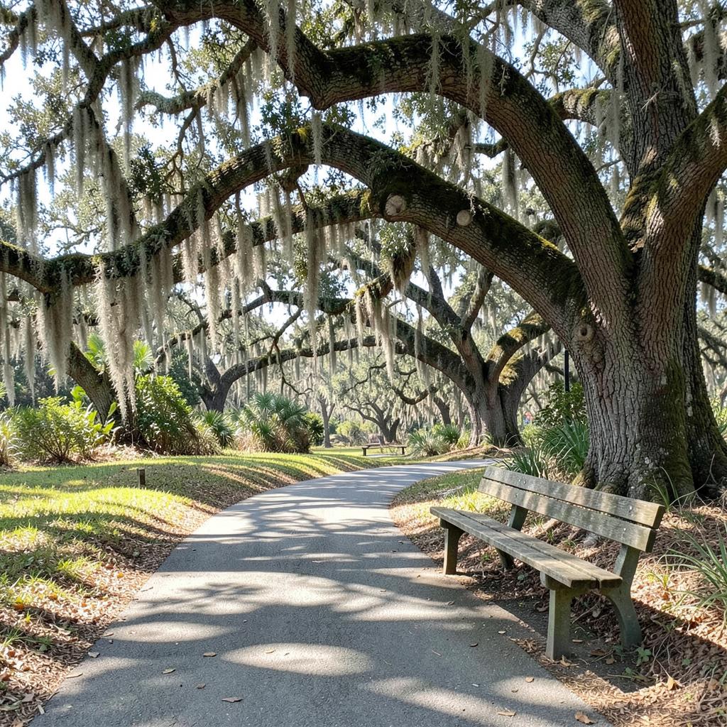 Paved leisure path curving beneath enormous moss-draped live oaks with a weathered bench