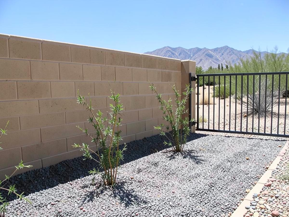 New tan concrete block wall with a dark iron gate enclosing a gravel desert yard with young shrubs