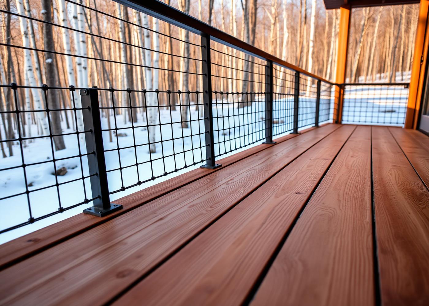 Freshly finished cedar deck with black cable railing overlooking snow-covered aspens near Park City