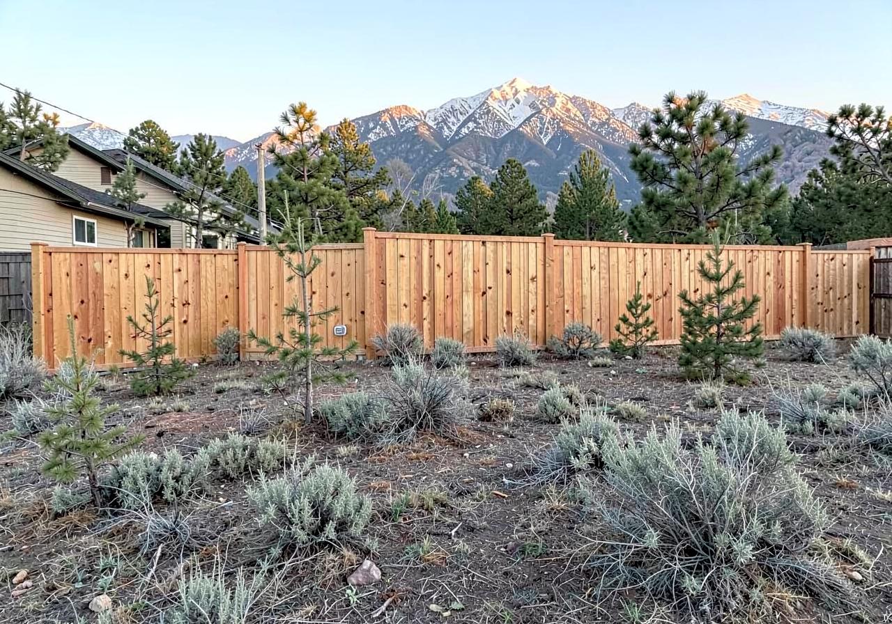 Newly built cedar privacy fence along a sagebrush yard with young pines and snow-capped mountains at sunset