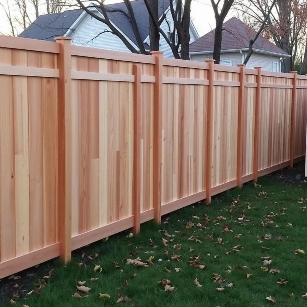New cedar privacy fence along the flat back edge of a suburban yard with autumn leaves on the grass