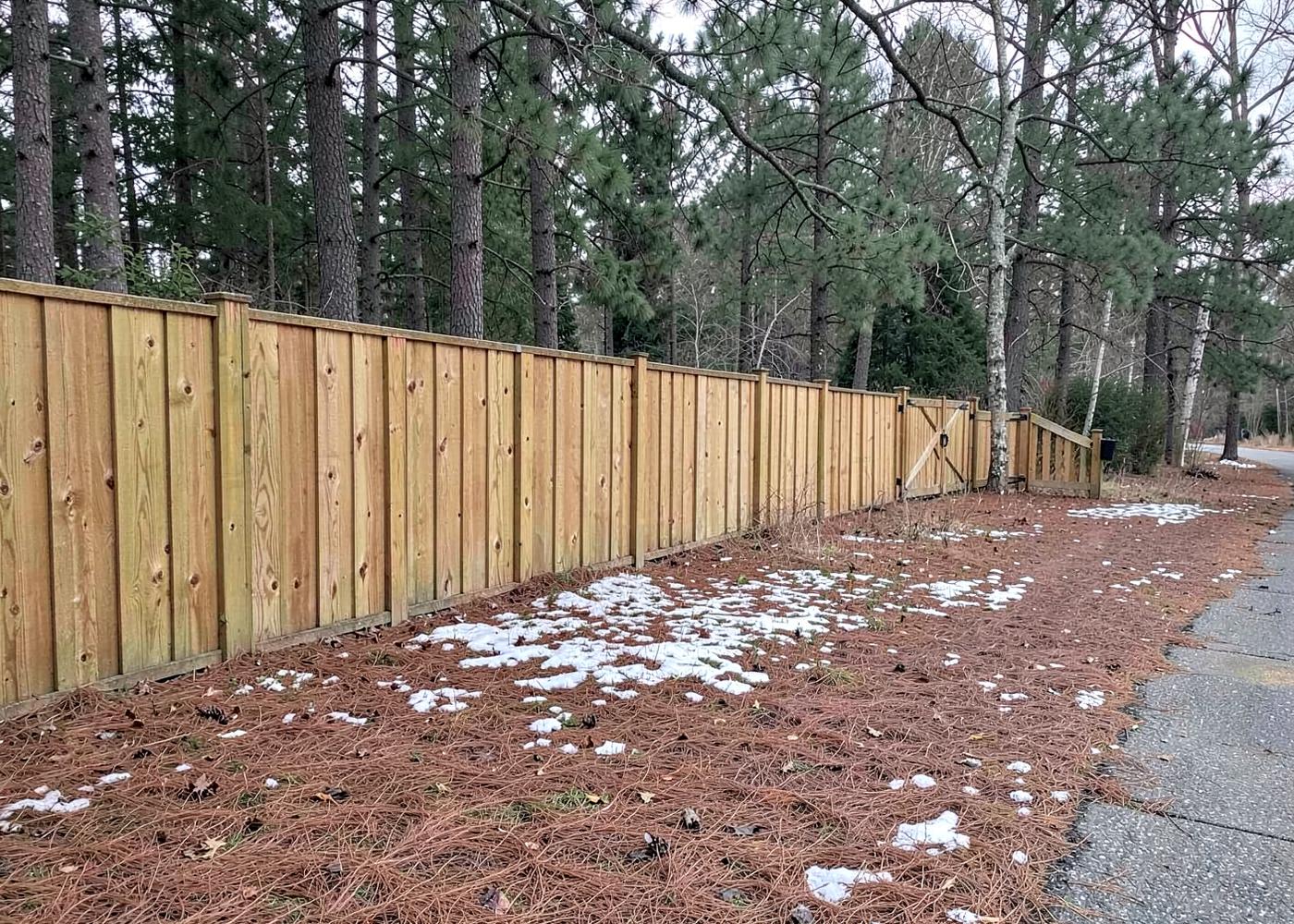 New cedar privacy fence and gate along a forested property line covered in pine needles and patchy snow
