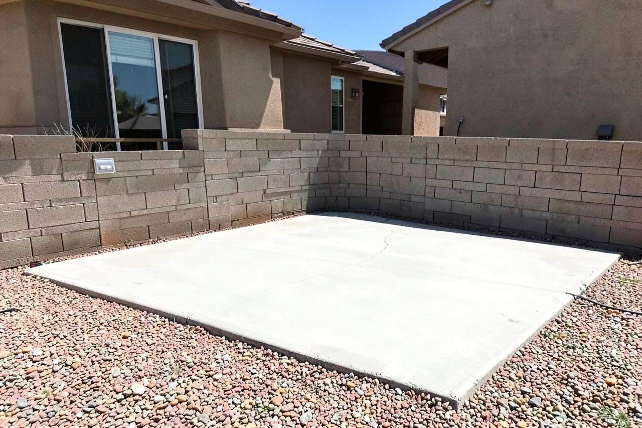 Freshly poured concrete patio slab behind a suburban desert home surrounded by block walls and gravel landscaping