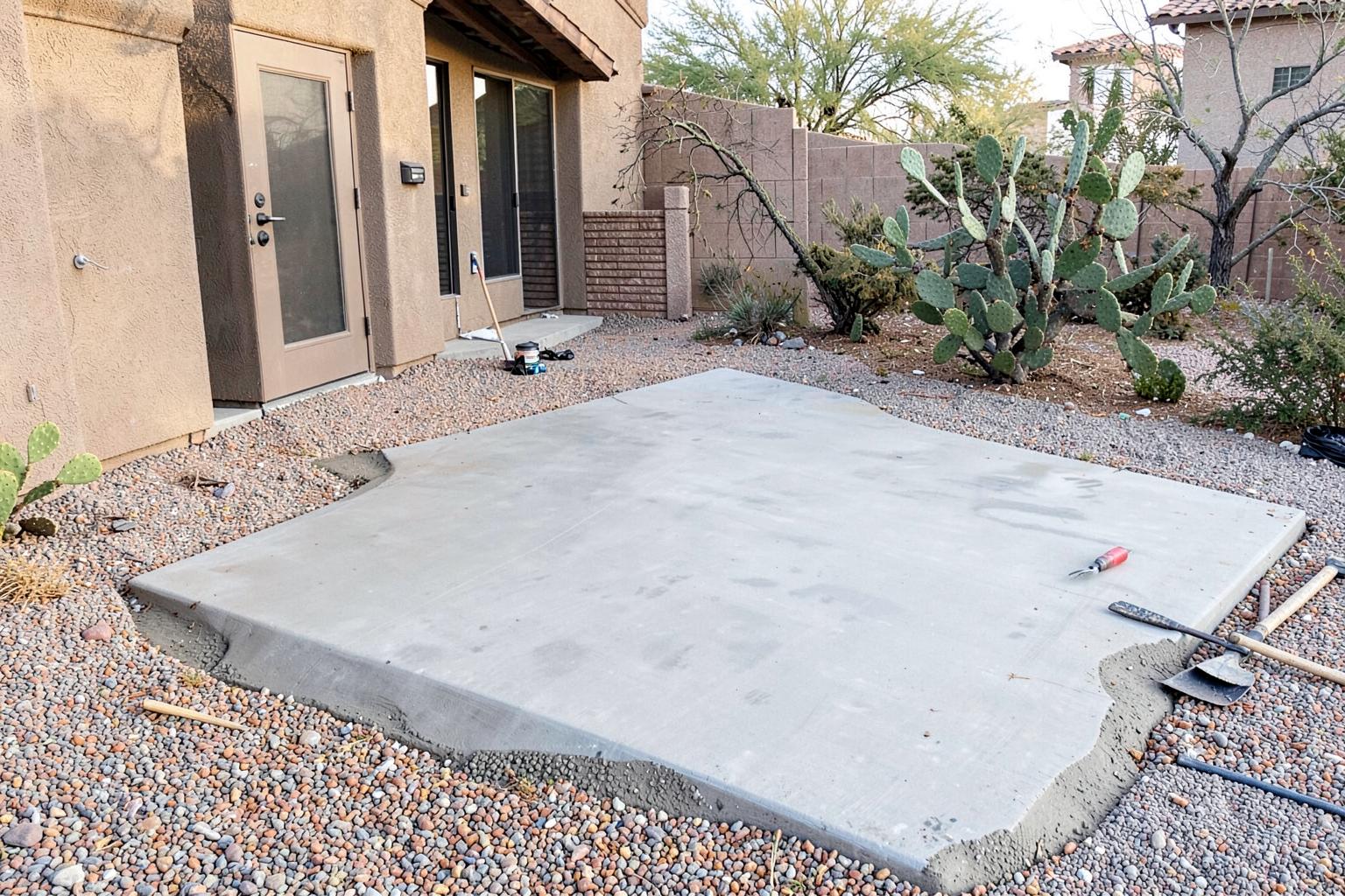 Freshly poured concrete patio slab beside a desert home with gravel landscaping and prickly pear cactus