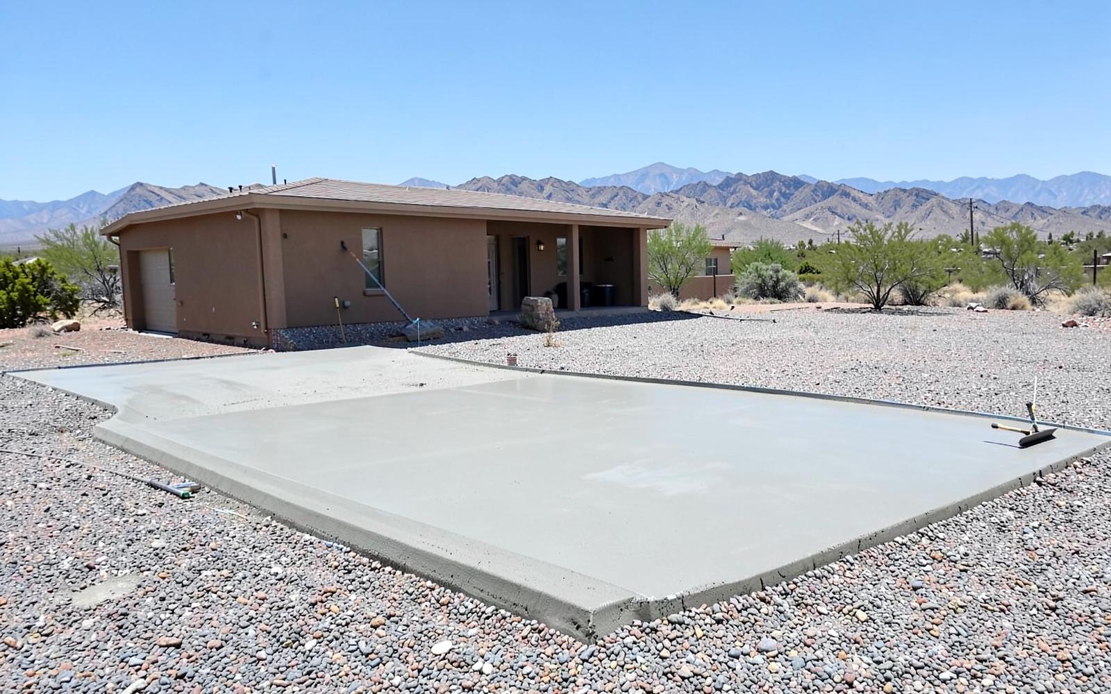 Freshly finished concrete slab on a large gravel desert lot beside a single-story stucco home with mountains behind