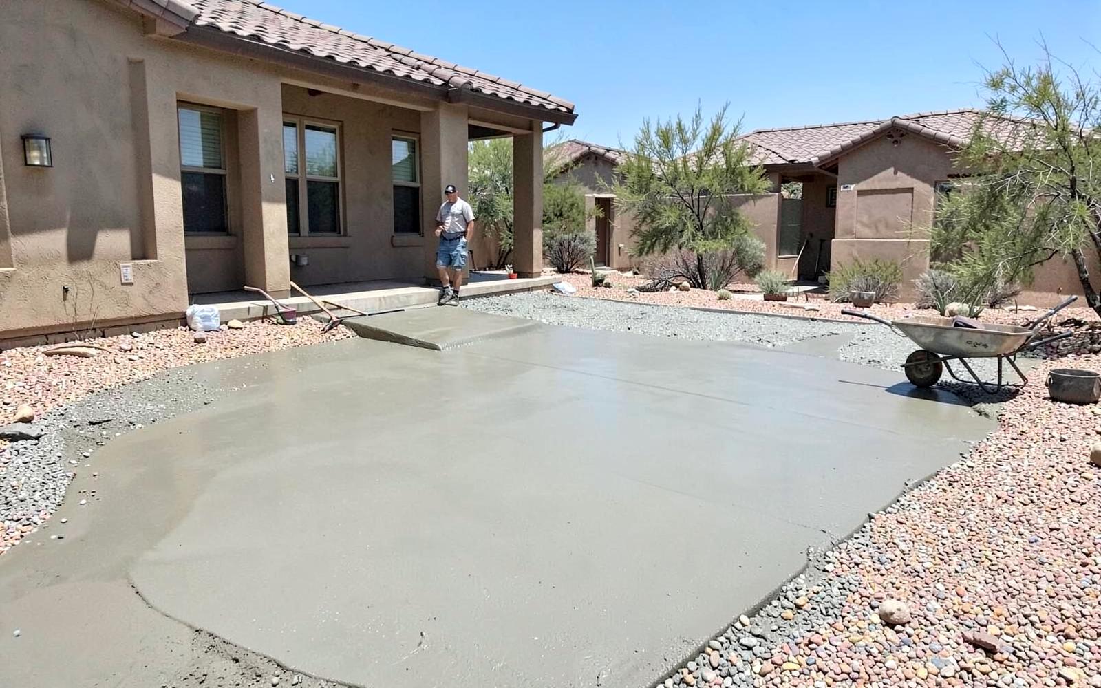 Fresh concrete driveway pour being screeded at a desert home with gravel landscaping and a wheelbarrow nearby