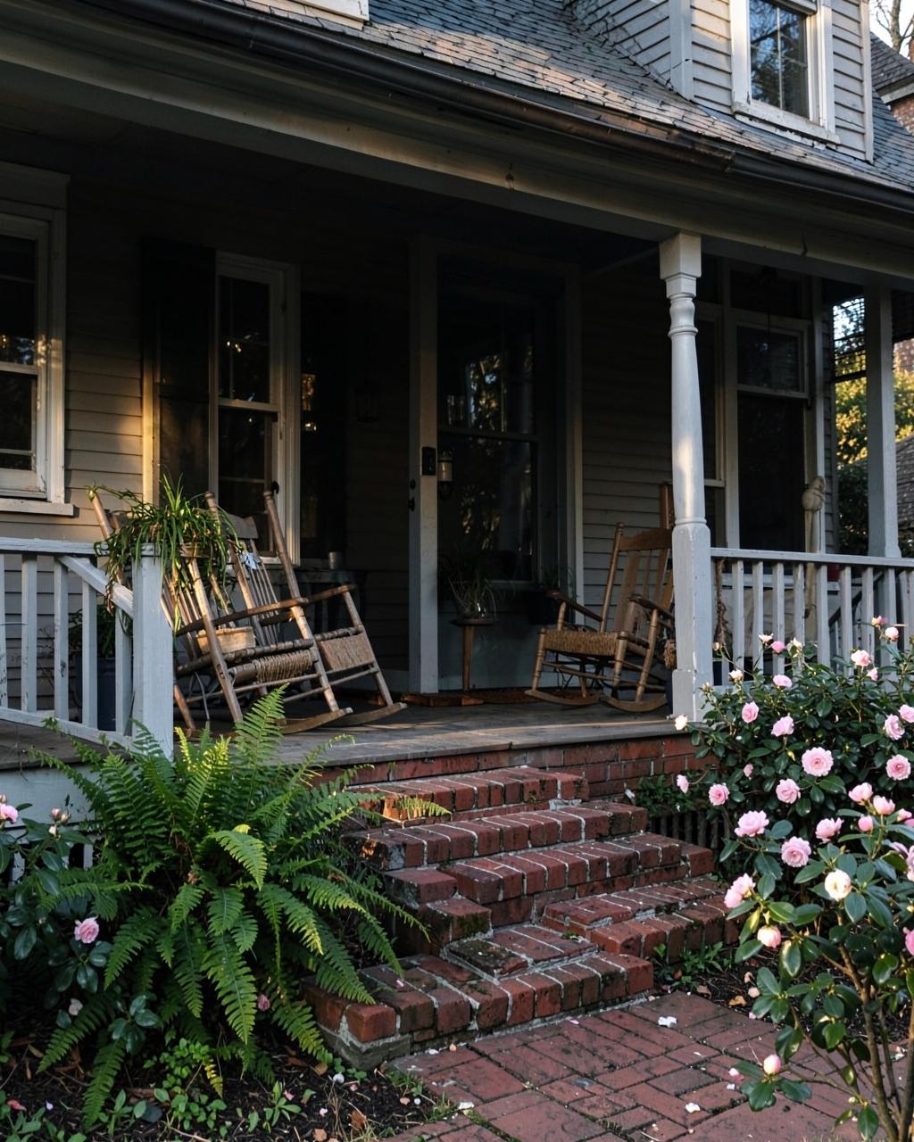 Shaded front porch of an older southern cottage with rocking chairs, ferns, brick steps and camellias