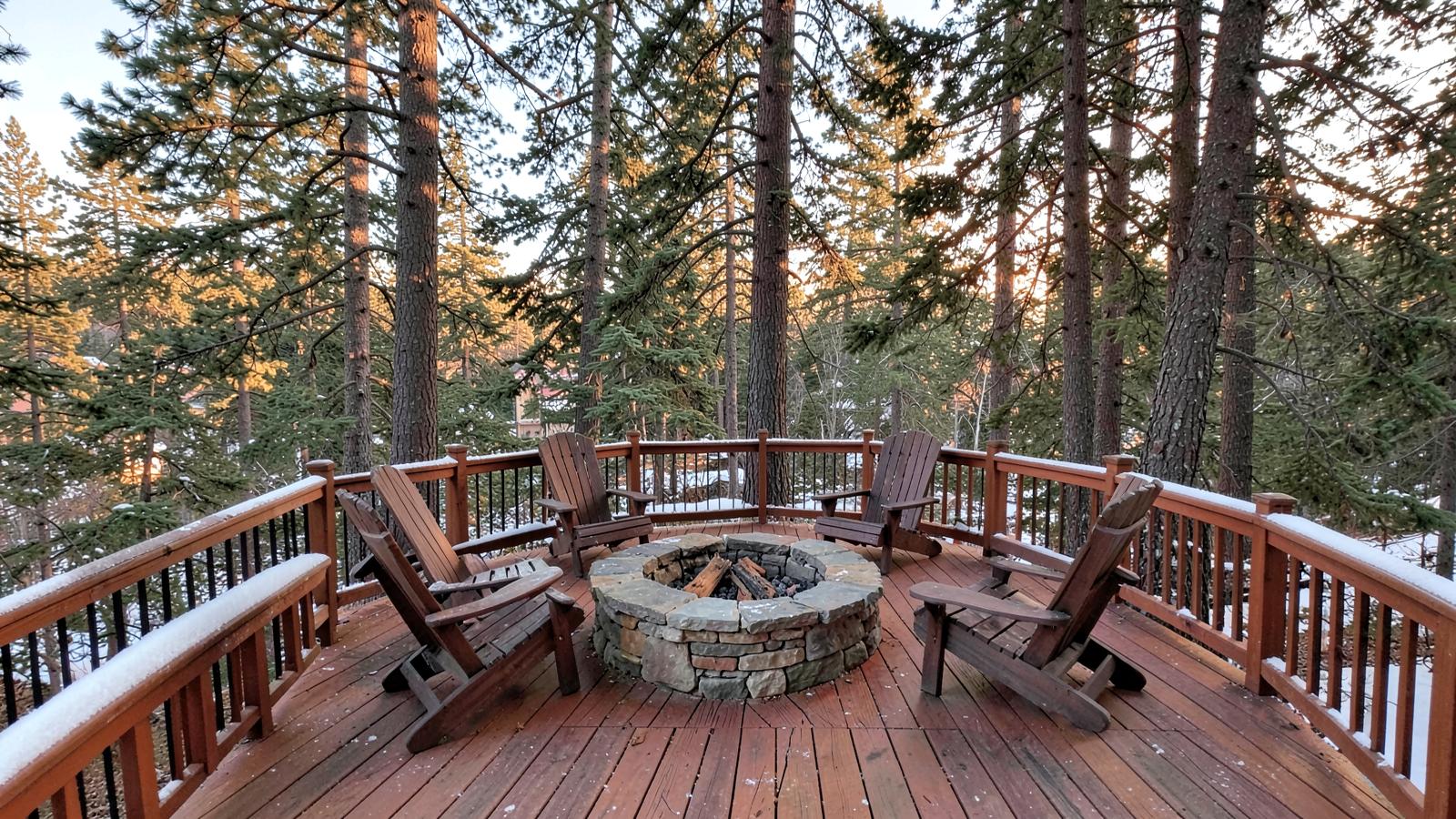 Cedar deck with a stone fire pit and wooden chairs under tall pines with light snow on the railings at sunset